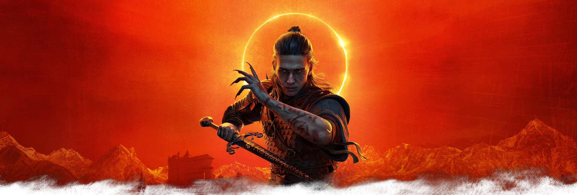 The Blood of Dawnwalker key art: Coen under an eclipse with sword and rune-scarred arm