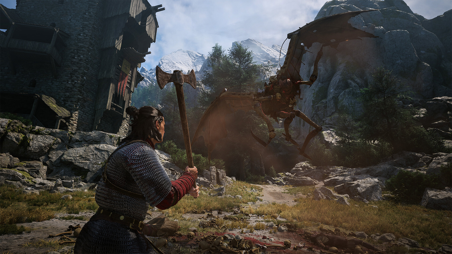 The Blood of Dawnwalker: Coen faces a winged creature on a mountain path with an axe